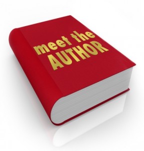 Meet the Author words on a red book cover to advertise a reading by your favorite writer or novelist at a library or store